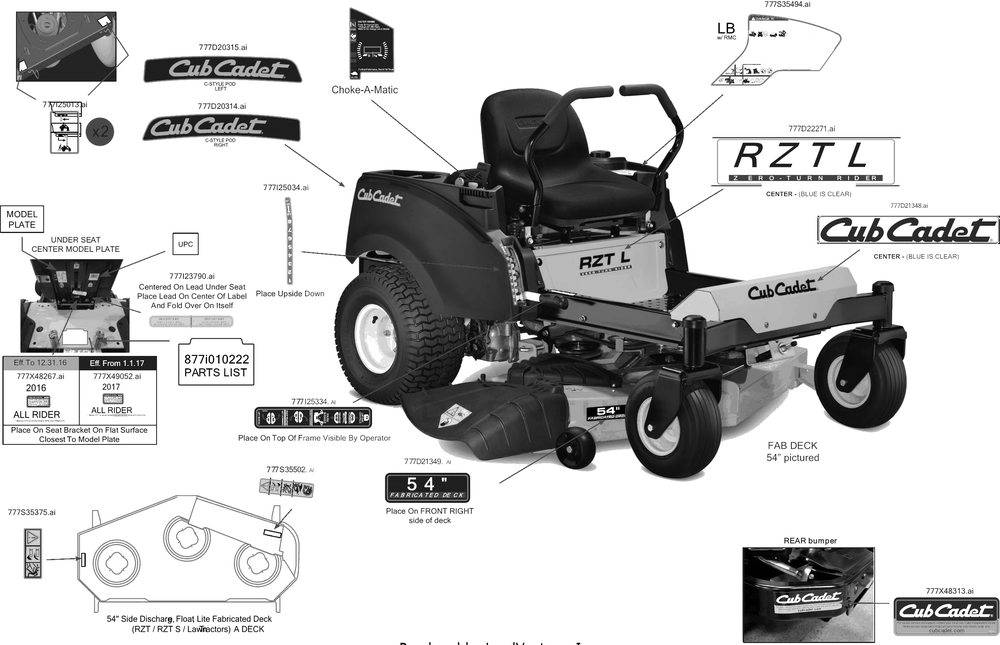 Label Map Diagram and Parts List for RZT-L54KH (17CRCACA010)(2017) Cub Cadet Lawn Tractor